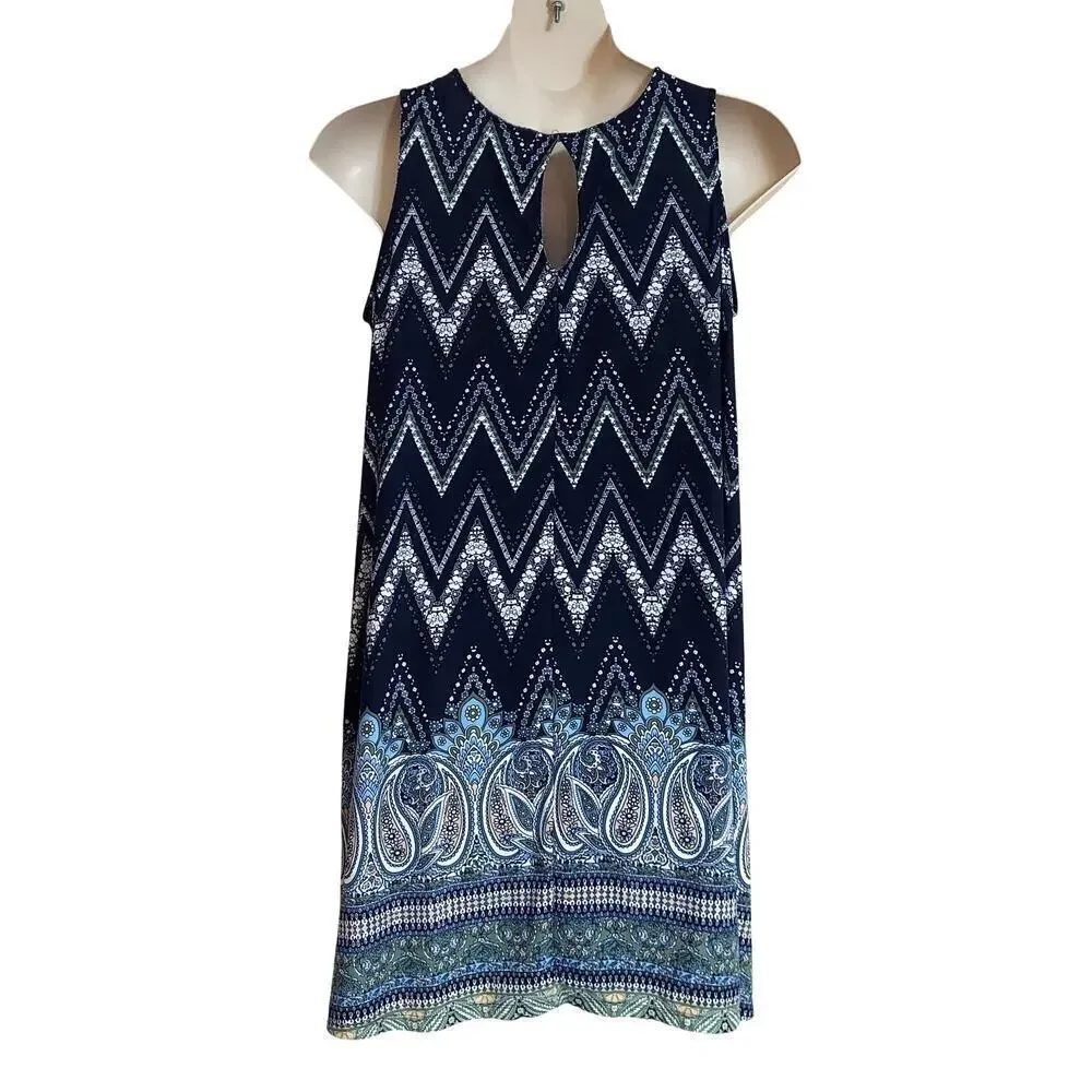Just Be Plus Size Navy Blue Chevron and Paisley Print Sleeveless Swing Dress - Picture 3 of 6
